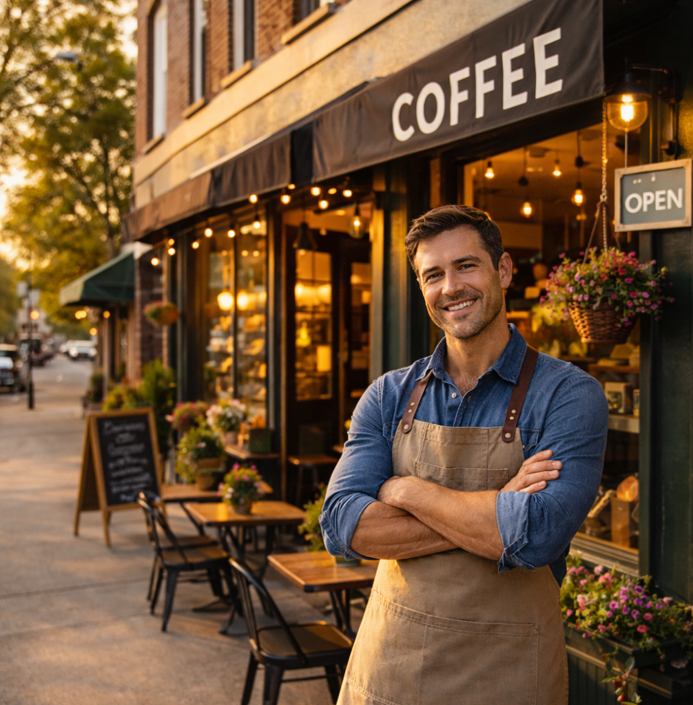 Local small business owner standing in front of his coffee shop, representing confidence in managing his business online.