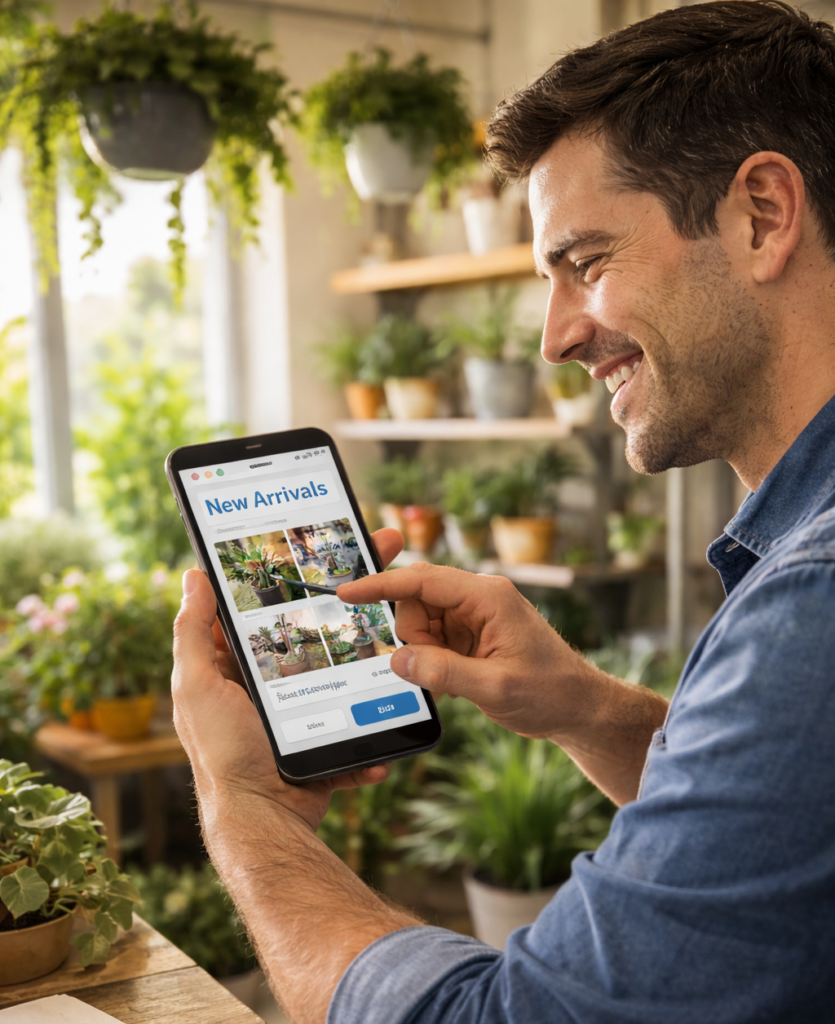 Business Owner Managing An Easy To Use Website From His Phone At His Small Business.