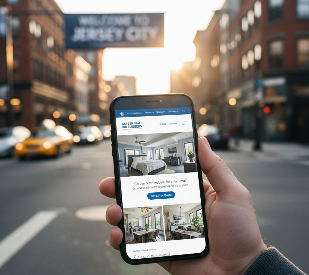 A customer using a professional website for small business NJ on a smartphone in a local city.