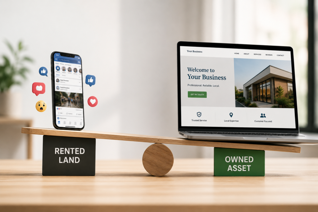 Small business website shown as an owned business asset compared to social media rented land