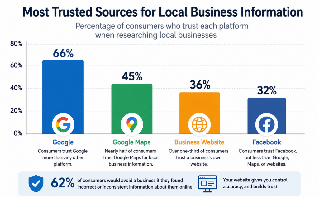 Small business website trust statistics showing consumers trust business websites more than Facebook when researching local businesses